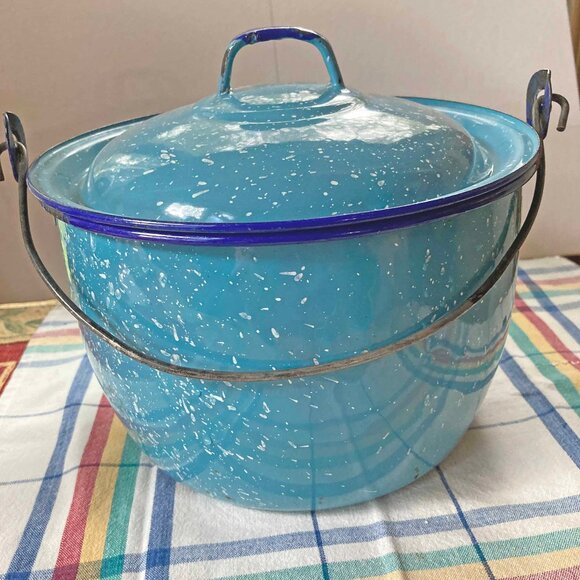 Enamelware Vintage Bucket w Handle & Lid Turquoise Blue - Picture 6 of 6